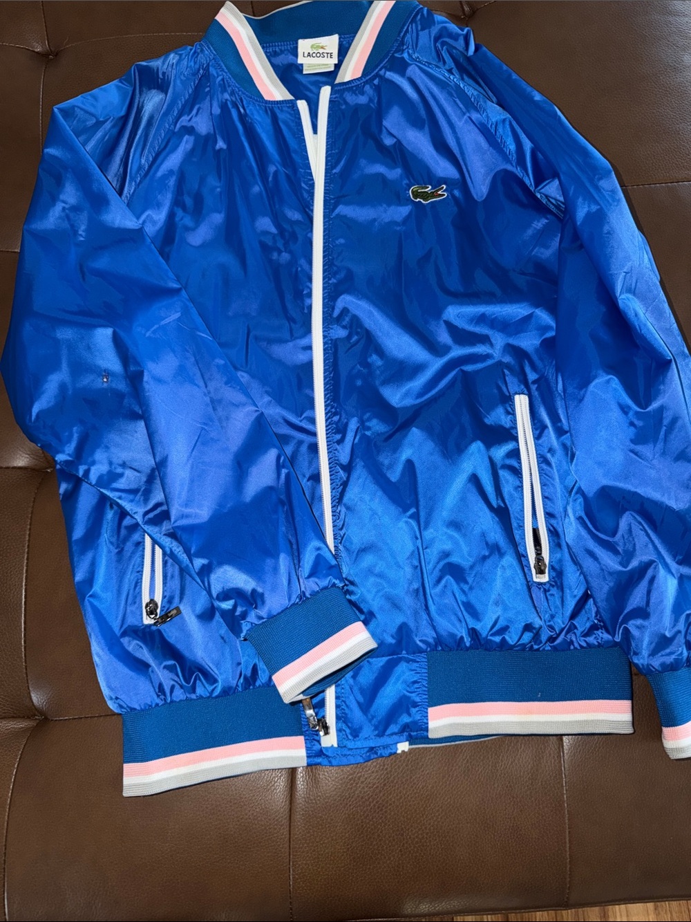 Lacoste Shiny Royal Blue Bomber Jacket with Pink-Trim Ribbing